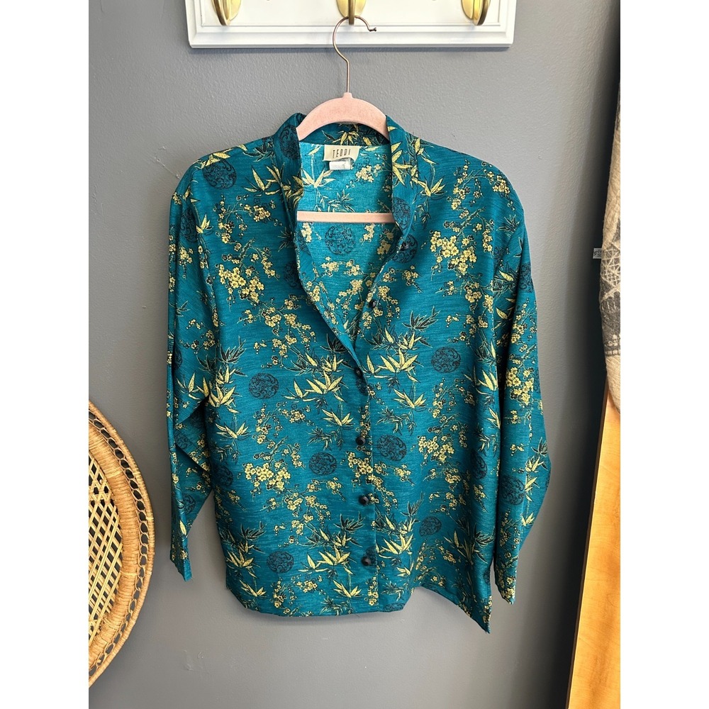 Vintage Teddi Asian Jacket Womens M Teal Statement‎ Chinoiserie Oriental Button